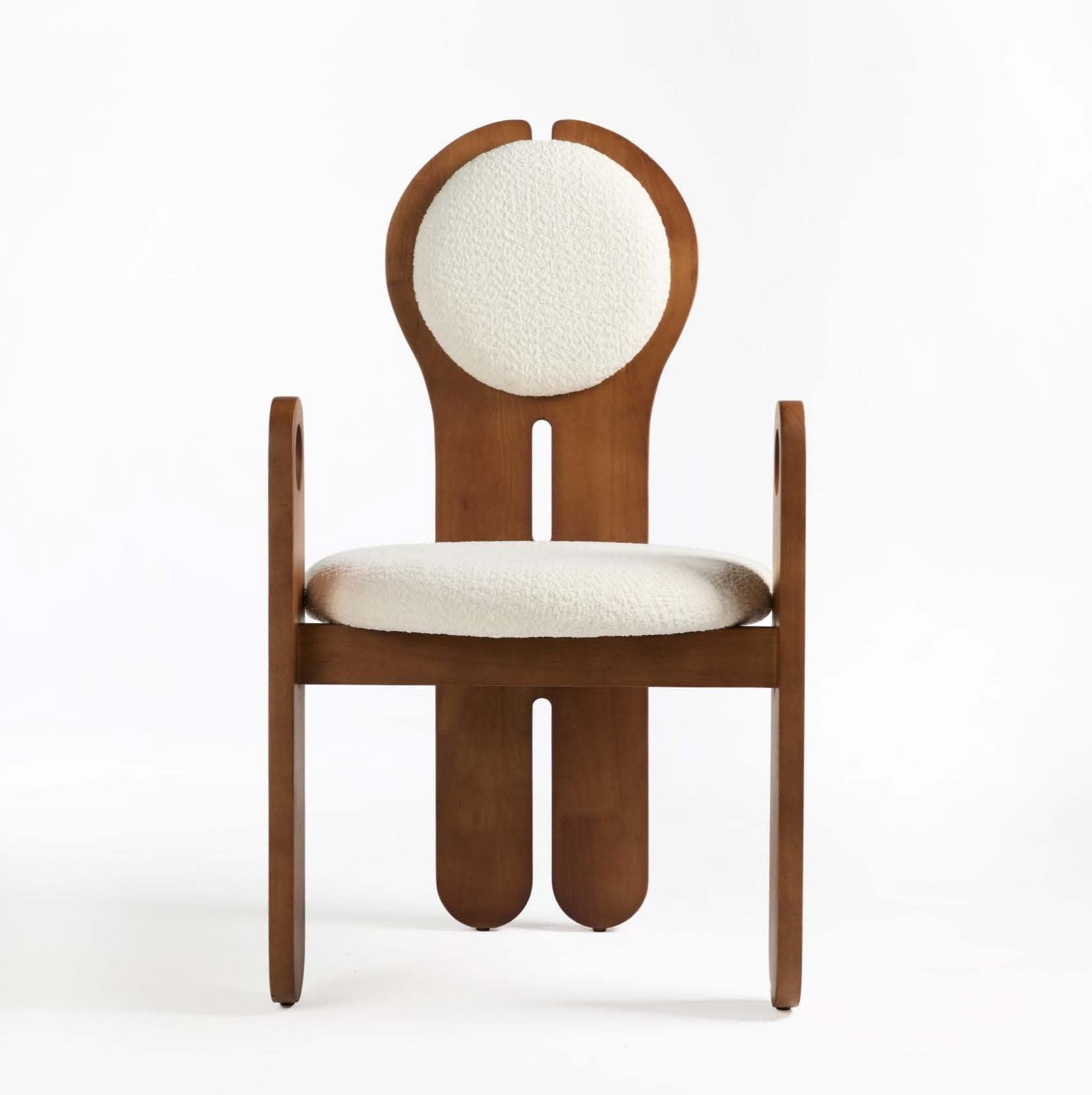 A dining chair with a solid rubber wood frame and a round fabric upholstered seat.
