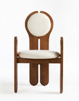 A dining chair with a solid rubber wood frame and a round fabric upholstered seat.