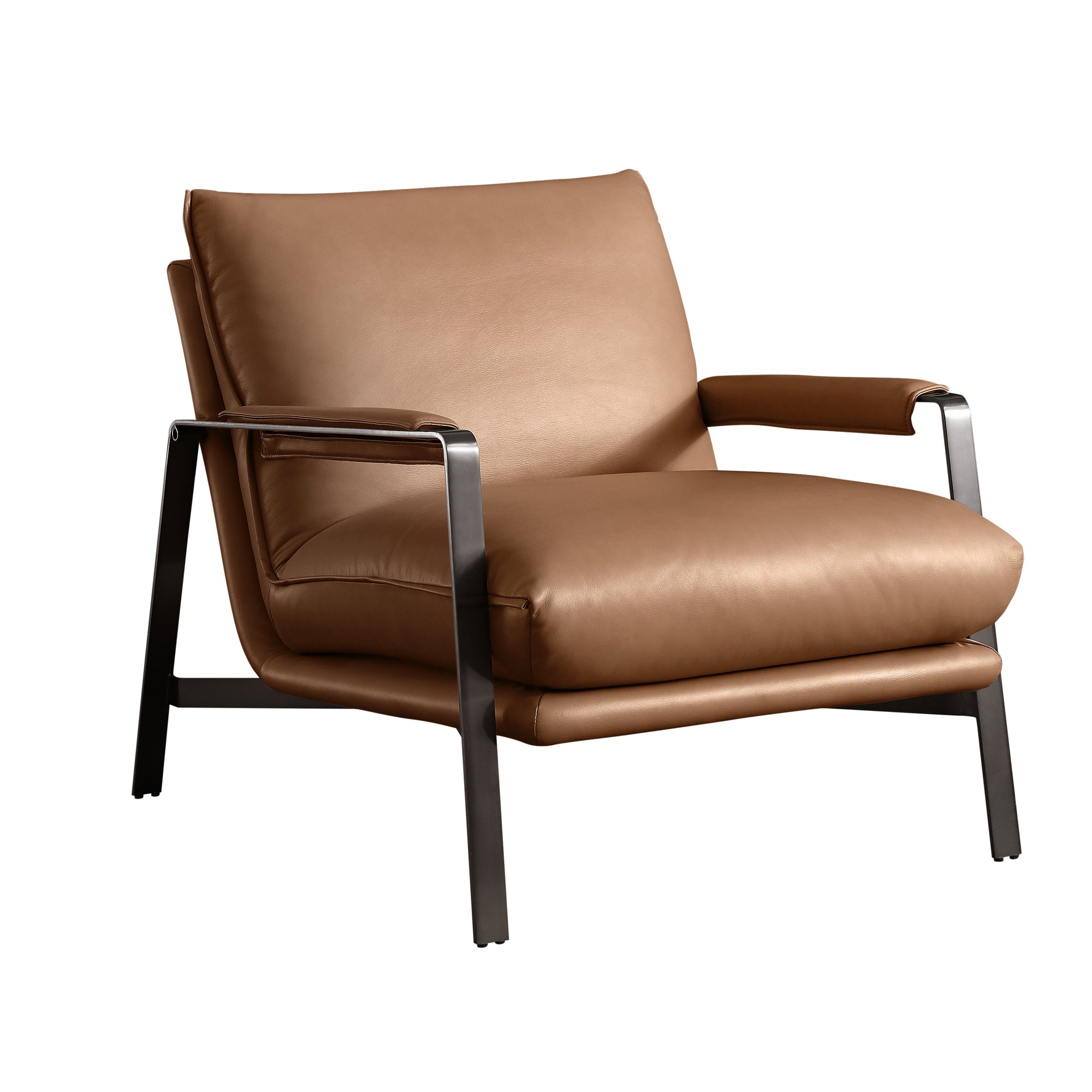 Brown leather armchair with metal legs