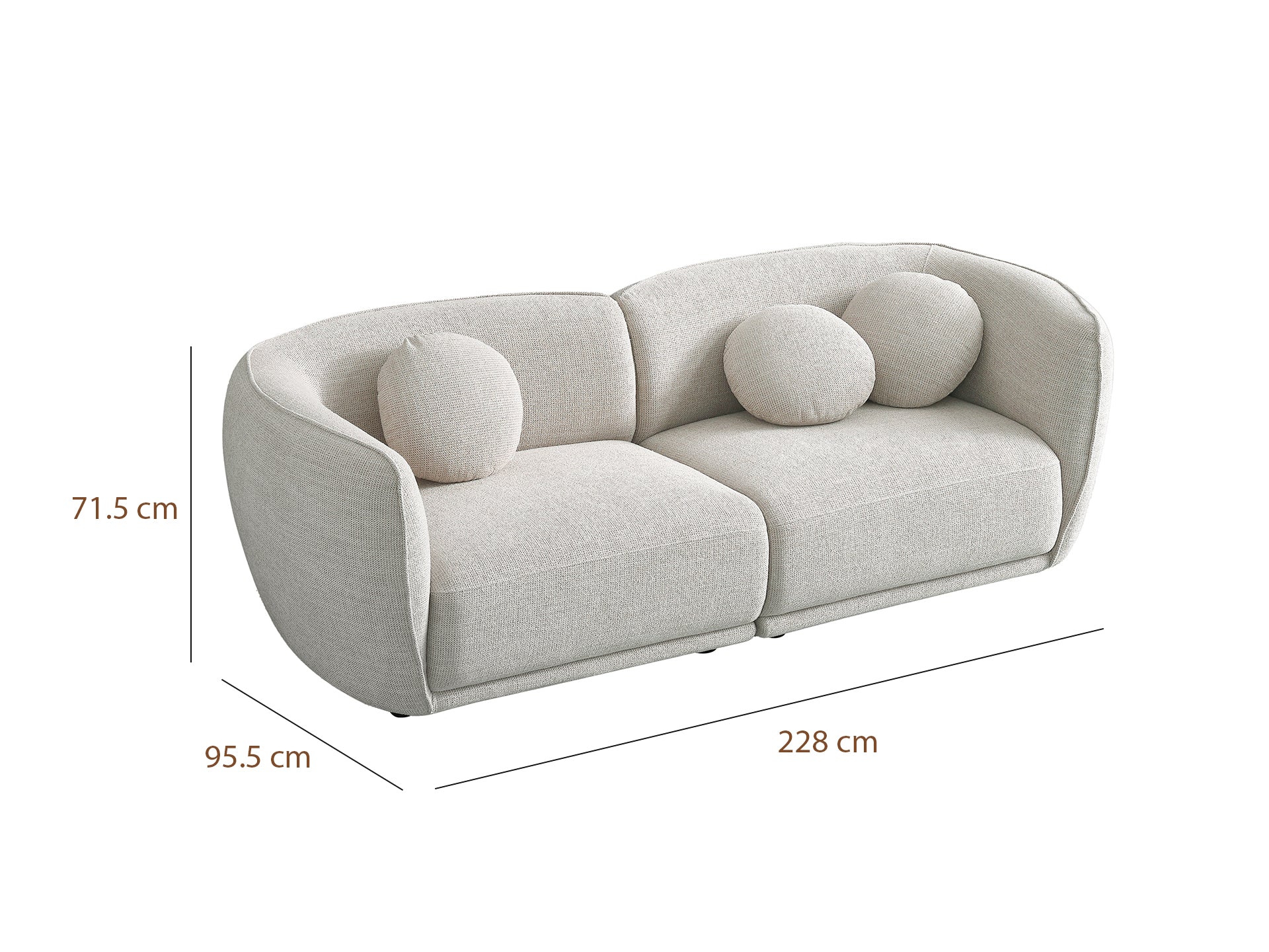 Carter 3 seater curved sofa with gently curved backrest